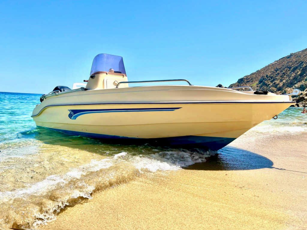 Rent a Boat Mykonos-IRA boat ready for private cruises.