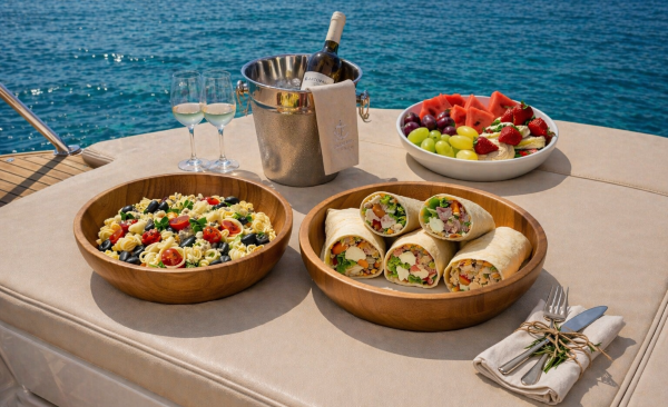 Fresh food onboard boat Mykonos - Greek pasta salad, chicken and tuna wraps, fruits and wine